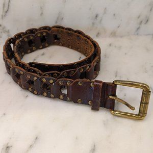 Brown Leather belt with burnished gold nail heads and buckle, size L